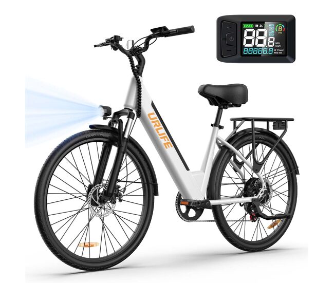 Bicicleta eléctrica urlife e26 - motor 250w batería 48v10.4ah neumáticos 26" frenos de disco - blanco