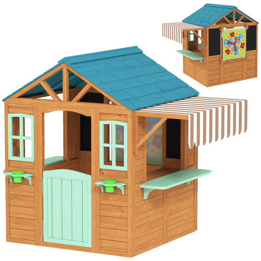 AIYAPLAY Casinha Infantil para Exterior e Interior em Madeira, Casinha Infantil com Barra de Snacks, Floreiras, Quadro, Janelas, Tecido para Lançamento e 4 Bolas, Casa de Jardim para Crianças dos 3 aos 6 Anos, Multicolor