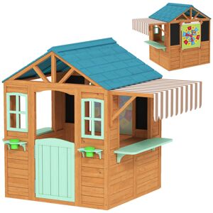 AIYAPLAY Casinha Infantil para Exterior e Interior em Madeira, Casinha Infantil com Barra de Snacks, Floreiras, Quadro, Janelas, Tecido para Lançamento e 4 Bolas, Casa de Jardim para Crianças dos 3 aos 6 Anos, Multicolor