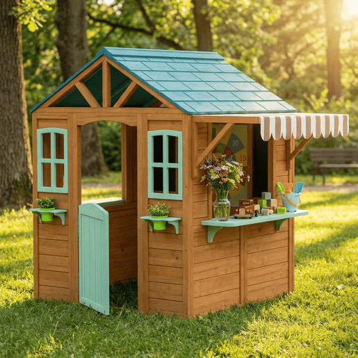 AIYAPLAY Casinha Infantil para Exterior e Interior em Madeira, Casinha Infantil com Barra de Snacks, Floreiras, Quadro, Janelas, Tecido para Lançamento e 4 Bolas, Casa de Jardim para Crianças dos 3 aos 6 Anos, Multicolor