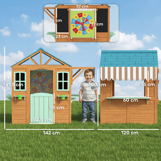 AIYAPLAY Casinha Infantil para Exterior e Interior em Madeira, Casinha Infantil com Barra de Snacks, Floreiras, Quadro, Janelas, Tecido para Lançamento e 4 Bolas, Casa de Jardim para Crianças dos 3 aos 6 Anos, Multicolor