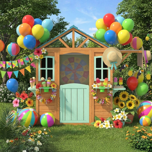 AIYAPLAY Casinha Infantil para Exterior e Interior em Madeira, Casinha Infantil com Barra de Snacks, Floreiras, Quadro, Janelas, Tecido para Lançamento e 4 Bolas, Casa de Jardim para Crianças dos 3 aos 6 Anos, Multicolor