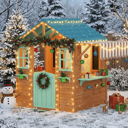 AIYAPLAY Casinha Infantil para Exterior e Interior em Madeira, Casinha Infantil com Barra de Snacks, Floreiras, Quadro, Janelas, Tecido para Lançamento e 4 Bolas, Casa de Jardim para Crianças dos 3 aos 6 Anos, Multicolor