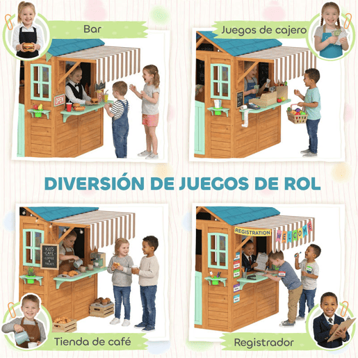 AIYAPLAY Casinha Infantil para Exterior e Interior em Madeira, Casinha Infantil com Barra de Snacks, Floreiras, Quadro, Janelas, Tecido para Lançamento e 4 Bolas, Casa de Jardim para Crianças dos 3 aos 6 Anos, Multicolor