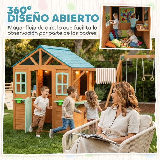 AIYAPLAY Casinha Infantil para Exterior e Interior em Madeira, Casinha Infantil com Barra de Snacks, Floreiras, Quadro, Janelas, Tecido para Lançamento e 4 Bolas, Casa de Jardim para Crianças dos 3 aos 6 Anos, Multicolor
