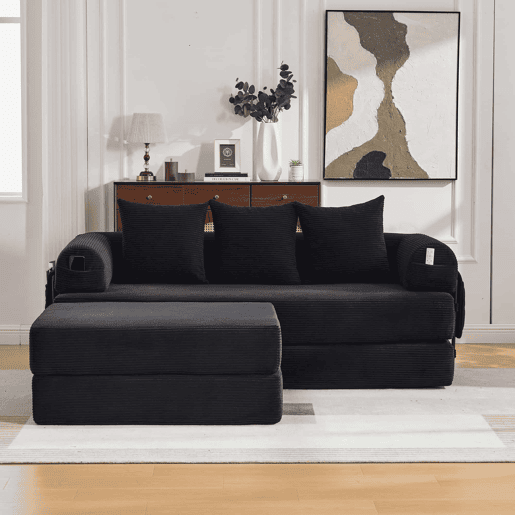 Sofá modular de 3 lugares - Modular, com almofadas confortáveis, estrutura em metal e bolso lateral - Preto