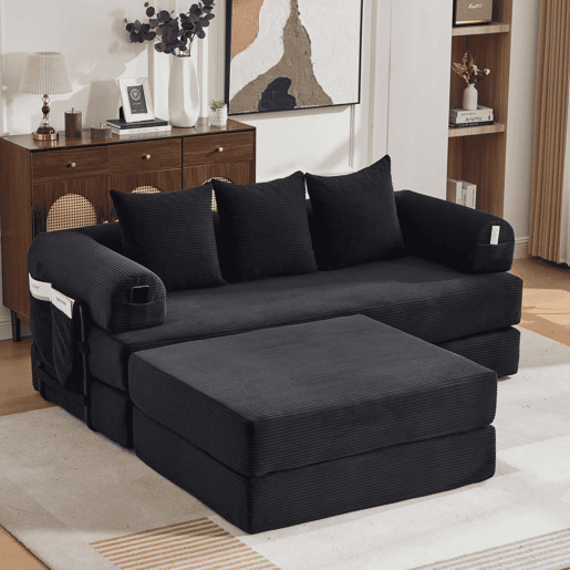 Sofá modular de 3 lugares - Modular, com almofadas confortáveis, estrutura em metal e bolso lateral - Preto