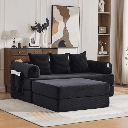 Sofá modular de 3 lugares - Modular, com almofadas confortáveis, estrutura em metal e bolso lateral - Preto