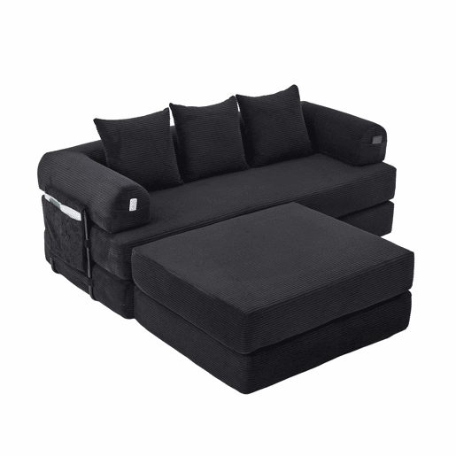 Sofá modular de 3 lugares - Modular, com almofadas confortáveis, estrutura em metal e bolso lateral - Preto