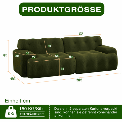 Sofá de 2 lugares grande - braços largos, design moderno com botões, formato curvo, sem montagem - verde