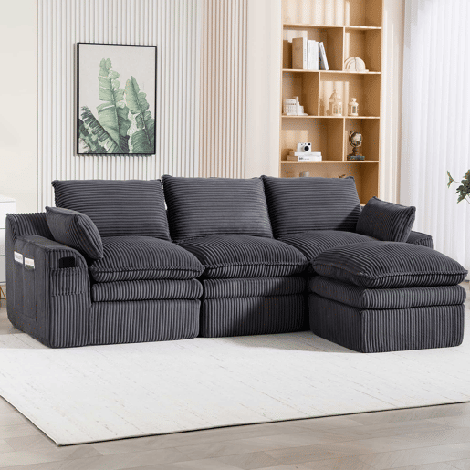 Sofá modular de 3 lugares - Com almofadas e 2 bolsos laterais, espuma de 3 camadas + molas para recuperação rápida - Cinza escuro