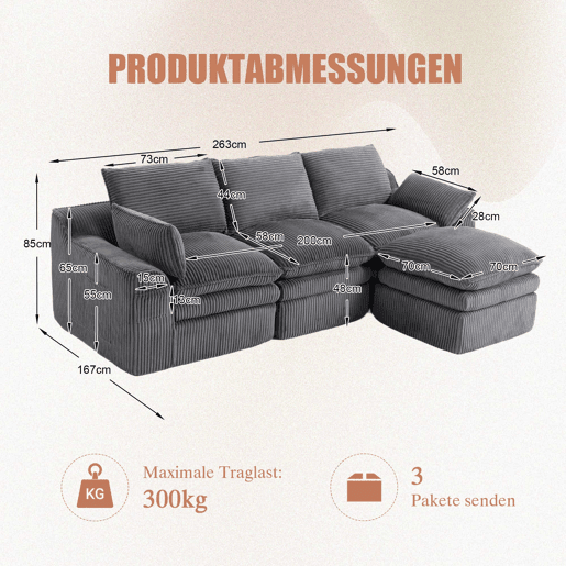 Sofá modular de 3 lugares - Com almofadas e 2 bolsos laterais, espuma de 3 camadas + molas para recuperação rápida - Cinza escuro