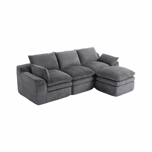 Sofá modular de 3 lugares - Com almofadas e 2 bolsos laterais, espuma de 3 camadas + molas para recuperação rápida - Cinza escuro