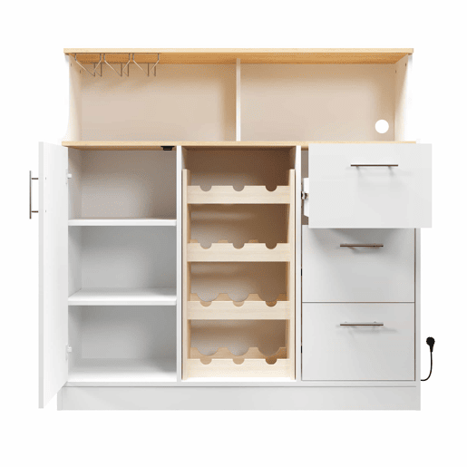 Aparador de bar com LED - u2014 - com tomadas, porta-copos, suporte para garrafas de vinho, arrumação em várias camadas, ideal para restaurantes e cozinhas - Branco+Natural