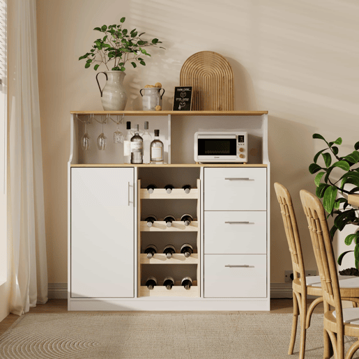 Aparador de bar com LED - u2014 - com tomadas, porta-copos, suporte para garrafas de vinho, arrumação em várias camadas, ideal para restaurantes e cozinhas - Branco+Natural