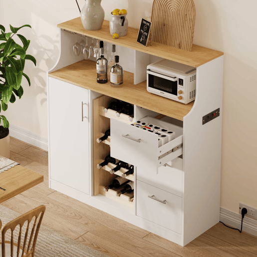 Aparador de bar com LED - u2014 - com tomadas, porta-copos, suporte para garrafas de vinho, arrumação em várias camadas, ideal para restaurantes e cozinhas - Branco+Natural