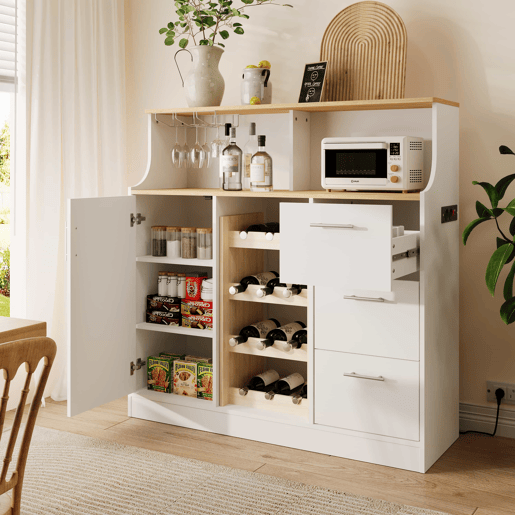 Aparador de bar com LED - u2014 - com tomadas, porta-copos, suporte para garrafas de vinho, arrumação em várias camadas, ideal para restaurantes e cozinhas - Branco+Natural