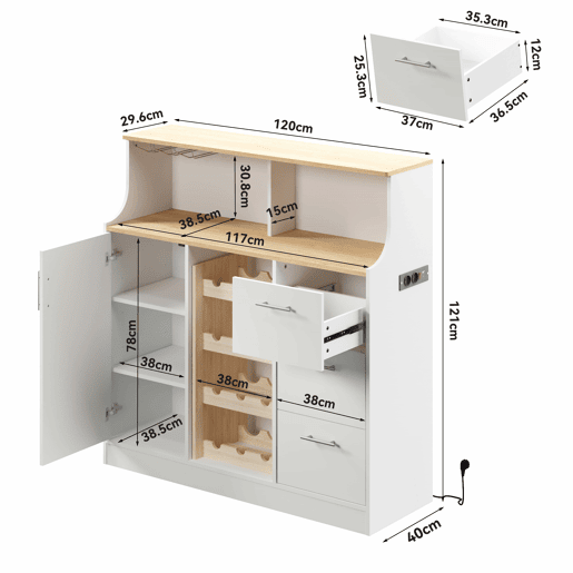 Aparador de bar com LED - u2014 - com tomadas, porta-copos, suporte para garrafas de vinho, arrumação em várias camadas, ideal para restaurantes e cozinhas - Branco+Natural