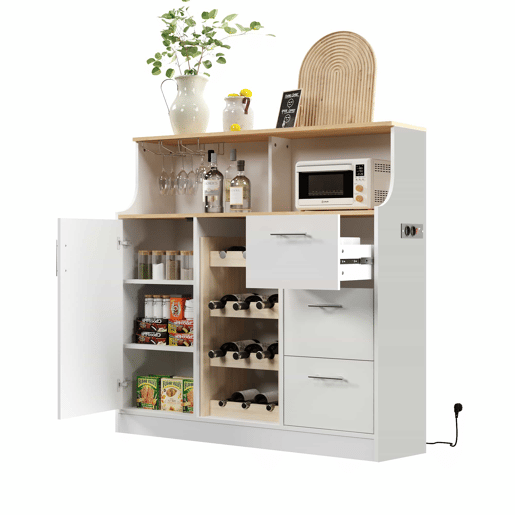 Aparador de bar com LED - u2014 - com tomadas, porta-copos, suporte para garrafas de vinho, arrumação em várias camadas, ideal para restaurantes e cozinhas - Branco+Natural