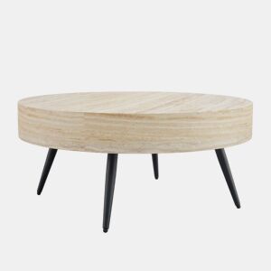 Mesa de café redonda 70 cm - estilo minimalista, MDF com efeito madeira travertino, pernas em metal preto - Preto,Madeira