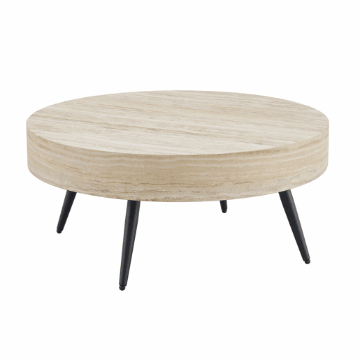Mesa de café redonda 70 cm - estilo minimalista, MDF com efeito madeira travertino, pernas em metal preto - Preto,Madeira