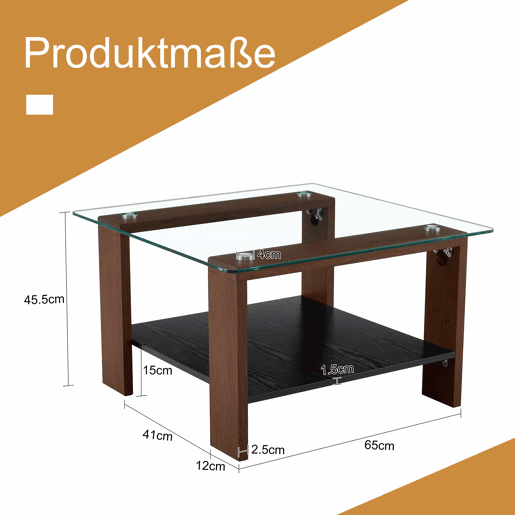 Mesa de centro 65 x 41 x 45,5 cm u2013 com espaço de arrumação, tampo em vidro temperado e pés em madeira de nogueira u2013 cor nogueira