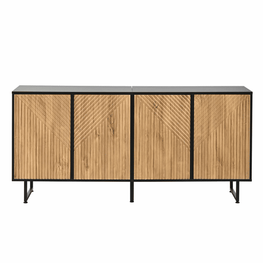 Aparador de sala 160 x 40 x 75 cm - 4 portas, design moldado a vácuo, 3 pés de apoio, 160 cm de largura - madeira natural e preta Aparador de sala 160 x 40 x 75 cm - 4 portas, design moldado a vácuo, 3 pés de apoio, 160 cm de largura - madeira natural e preta