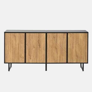 Aparador de sala 160 x 40 x 75 cm - 4 portas, design moldado a vácuo, 3 pés de apoio, 160 cm de largura - madeira natural e preta