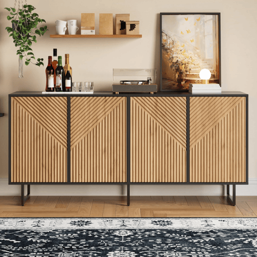 Aparador de sala 160 x 40 x 75 cm - 4 portas, design moldado a vácuo, 3 pés de apoio, 160 cm de largura - madeira natural e preta Aparador de sala 160 x 40 x 75 cm - 4 portas, design moldado a vácuo, 3 pés de apoio, 160 cm de largura - madeira natural e preta