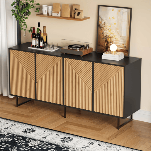 Aparador de sala 160 x 40 x 75 cm - 4 portas, design moldado a vácuo, 3 pés de apoio, 160 cm de largura - madeira natural e preta Aparador de sala 160 x 40 x 75 cm - 4 portas, design moldado a vácuo, 3 pés de apoio, 160 cm de largura - madeira natural e preta