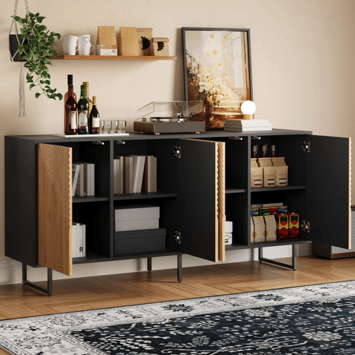 Aparador de sala 160 x 40 x 75 cm - 4 portas, design moldado a vácuo, 3 pés de apoio, 160 cm de largura - madeira natural e preta Aparador de sala 160 x 40 x 75 cm - 4 portas, design moldado a vácuo, 3 pés de apoio, 160 cm de largura - madeira natural e preta