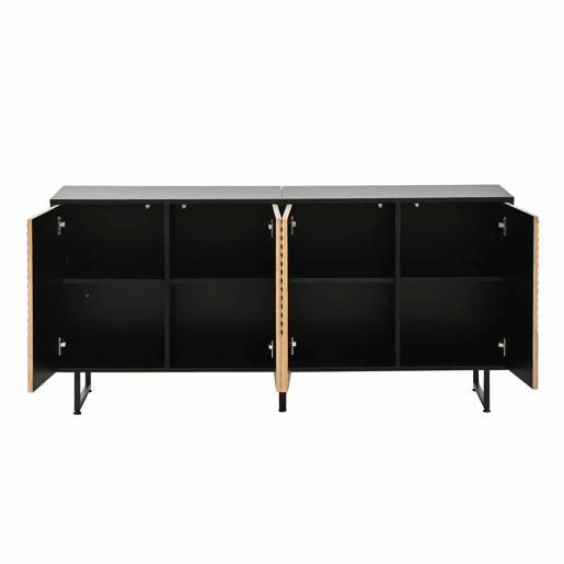 Aparador de sala 160 x 40 x 75 cm - 4 portas, design moldado a vácuo, 3 pés de apoio, 160 cm de largura - madeira natural e preta Aparador de sala 160 x 40 x 75 cm - 4 portas, design moldado a vácuo, 3 pés de apoio, 160 cm de largura - madeira natural e preta