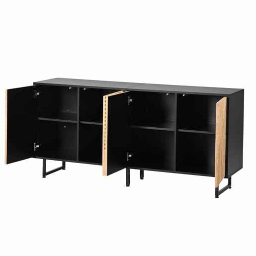 Aparador de sala 160 x 40 x 75 cm - 4 portas, design moldado a vácuo, 3 pés de apoio, 160 cm de largura - madeira natural e preta Aparador de sala 160 x 40 x 75 cm - 4 portas, design moldado a vácuo, 3 pés de apoio, 160 cm de largura - madeira natural e preta