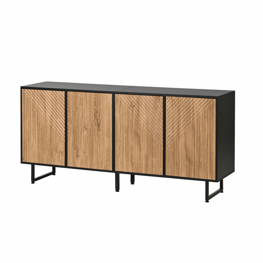 Aparador de sala 160 x 40 x 75 cm - 4 portas, design moldado a vácuo, 3 pés de apoio, 160 cm de largura - madeira natural e preta Aparador de sala 160 x 40 x 75 cm - 4 portas, design moldado a vácuo, 3 pés de apoio, 160 cm de largura - madeira natural e preta