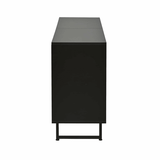 Aparador de sala 160 x 40 x 75 cm - 4 portas, design moldado a vácuo, 3 pés de apoio, 160 cm de largura - madeira natural e preta Aparador de sala 160 x 40 x 75 cm - 4 portas, design moldado a vácuo, 3 pés de apoio, 160 cm de largura - madeira natural e preta