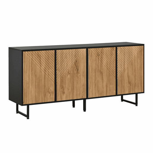 Aparador de sala 160 x 40 x 75 cm - 4 portas, design moldado a vácuo, 3 pés de apoio, 160 cm de largura - madeira natural e preta Aparador de sala 160 x 40 x 75 cm - 4 portas, design moldado a vácuo, 3 pés de apoio, 160 cm de largura - madeira natural e preta