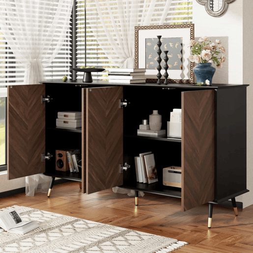 Aparador moderno em padrão espiga - 4 portas, prateleiras ajustáveis, MDF com pés de metal, grande capacidade de arrumação para a sala de estar, corredor e sala de jantar - Preto e Castanho