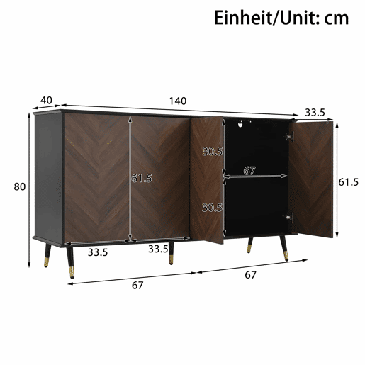 Aparador moderno em padrão espiga - 4 portas, prateleiras ajustáveis, MDF com pés de metal, grande capacidade de arrumação para a sala de estar, corredor e sala de jantar - Preto e Castanho