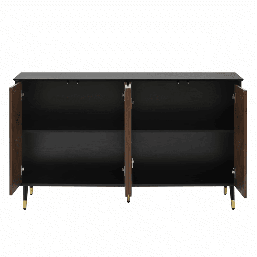 Aparador moderno em padrão espiga - 4 portas, prateleiras ajustáveis, MDF com pés de metal, grande capacidade de arrumação para a sala de estar, corredor e sala de jantar - Preto e Castanho