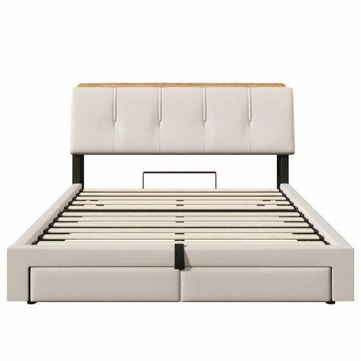 Cama estofada 140x200 cm - armazenamento hidráulico, LED, USB-C, multifuncional, linho - bege