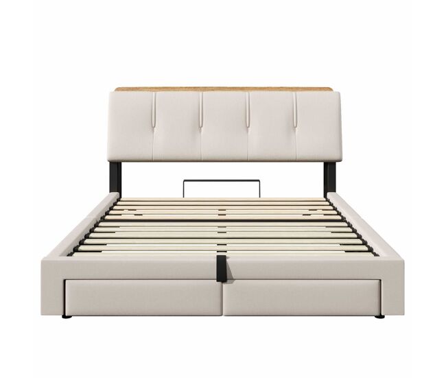 Cama tapizada 140x200 cm - almacenamiento hidráulico, led, usb-c, multifunción, lino - beige