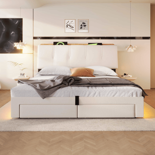Cama estofada 140x200 cm - armazenamento hidráulico, LED, USB-C, multifuncional, linho - bege