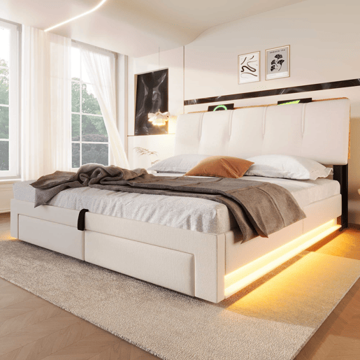 Cama estofada 140x200 cm - armazenamento hidráulico, LED, USB-C, multifuncional, linho - bege