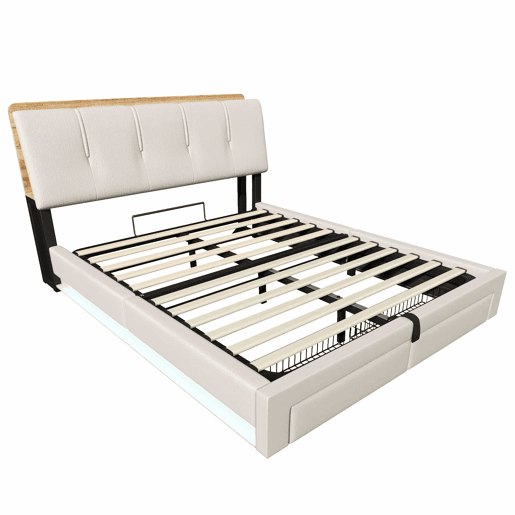Cama estofada 140x200 cm - armazenamento hidráulico, LED, USB-C, multifuncional, linho - bege