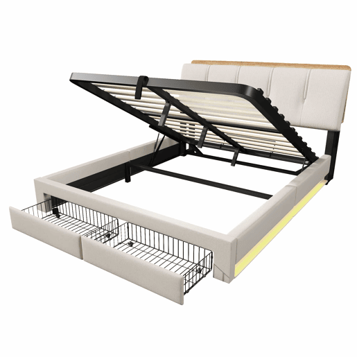 Cama estofada 140x200 cm - armazenamento hidráulico, LED, USB-C, multifuncional, linho - bege