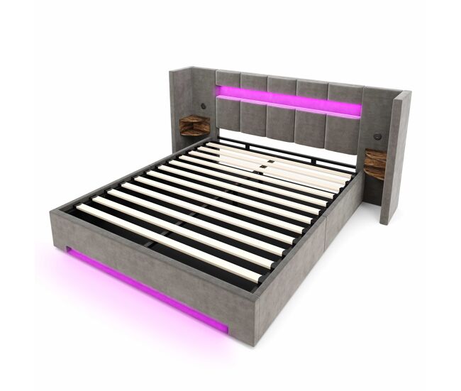 Cama multifuncional 160x200cm - cabezal ancho, 2x usb, armario retro, luz led, hidráulico y gran espacio de almacenamiento bajo la cama con tela no