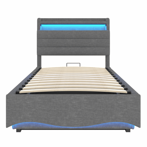 Cama estofada 90x200 cm - com iluminação LED, mecanismo hidráulico, portas USB e Tipo-C, compartimento e prateleiras, tecido de linho - Cinza