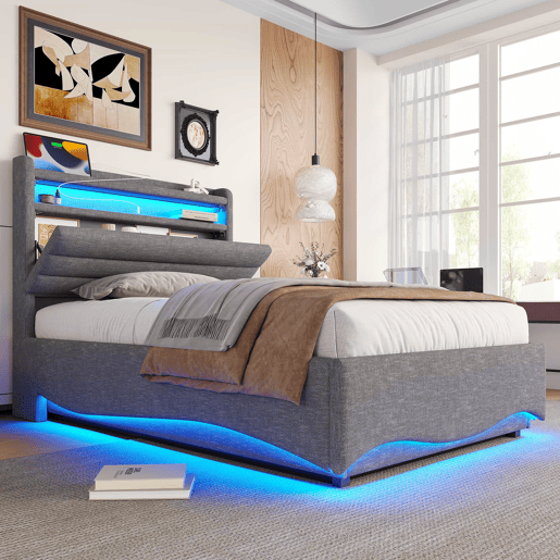 Cama estofada 90x200 cm - com iluminação LED, mecanismo hidráulico, portas USB e Tipo-C, compartimento e prateleiras, tecido de linho - Cinza