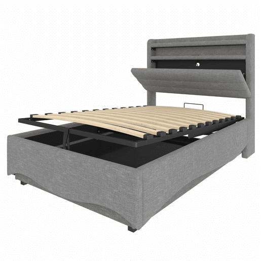 Cama estofada 90x200 cm - com iluminação LED, mecanismo hidráulico, portas USB e Tipo-C, compartimento e prateleiras, tecido de linho - Cinza