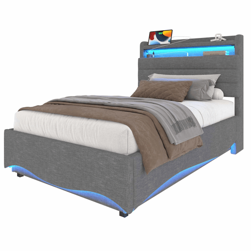 Cama estofada 90x200 cm - com iluminação LED, mecanismo hidráulico, portas USB e Tipo-C, compartimento e prateleiras, tecido de linho - Cinza